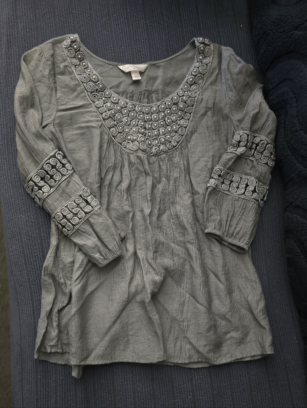 Anthropologie Olive-Gray Embroidered Scoop Tunic